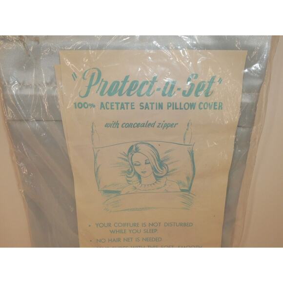 VTG Protect A Set Acetate Satin Pillow Case Baby Blue - Picture 2 of 6